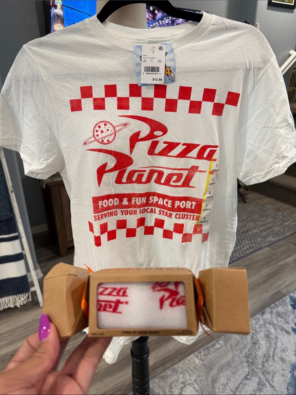 Disney Women’s Pizza Planet Graphic Tee & Pizza Planet Crew Socks - NWT